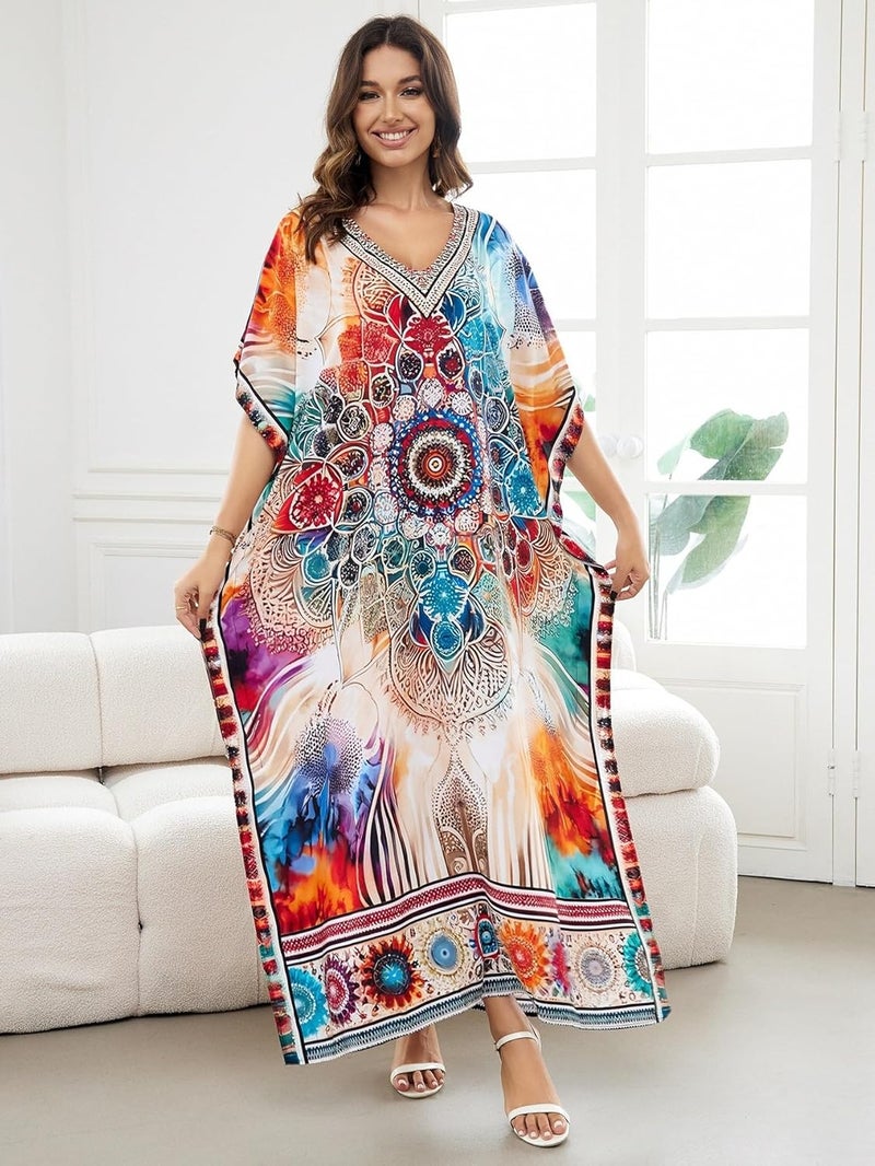 IMAGEKOPE Women's Plus Size Loose Fit Moroccan Print V-Neck Batwing Kaftan Beach Dress Bathing Suit Cover Up - Image 4
